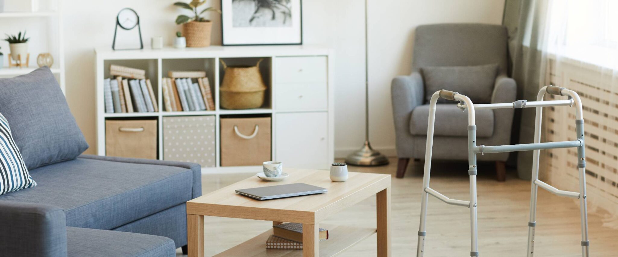 decorated senior living apartment with a walker