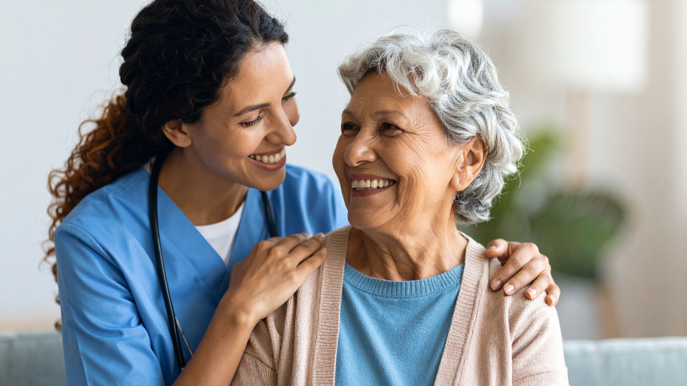 Senior woman smiling and talking to female nurse