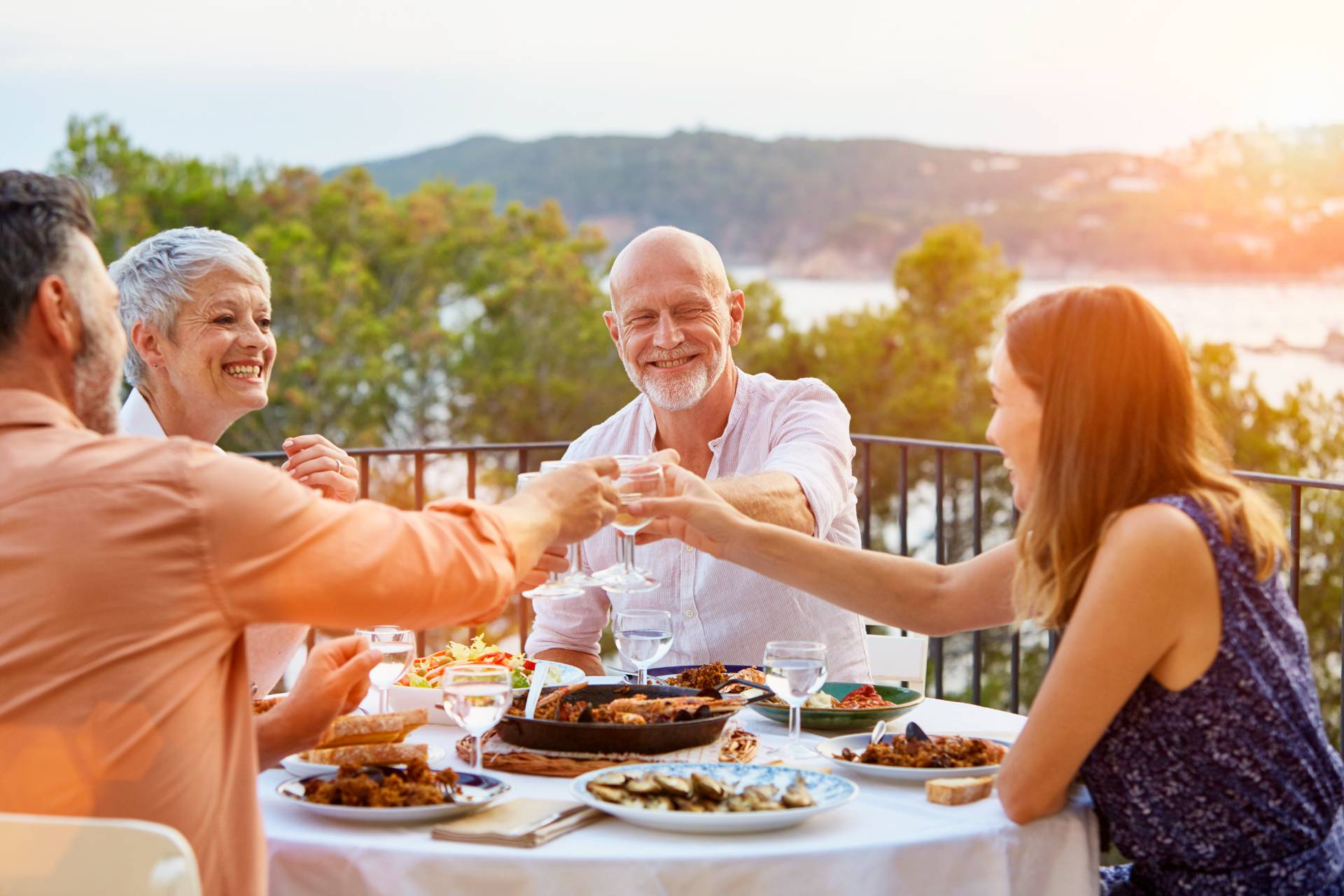 seniors dining at a senior living community outside